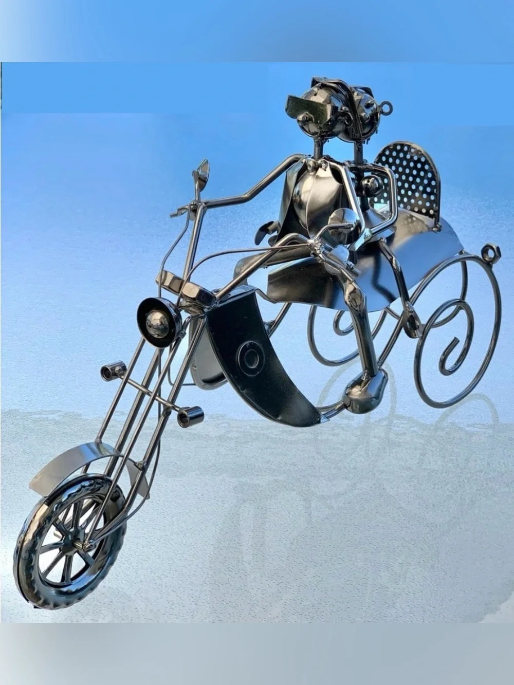 Metallic Steampunk Couple On A Motorcycle Single Wine Bottle Holder Sculpture